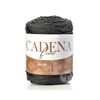 novelo de fio cinzento escuro com rótulo CADENA fino