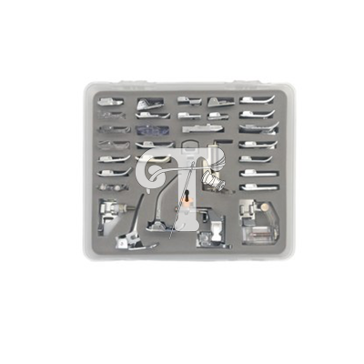 Conjunto de pés calcadores metálicos organizados numa caixa cinzenta.