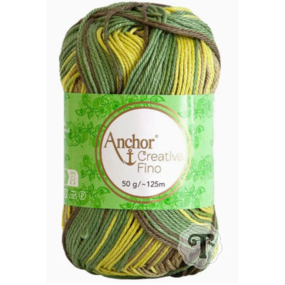 Novelo de fio multicolor verde, amarelo e castanho com etiqueta Anchor Creativa Fino