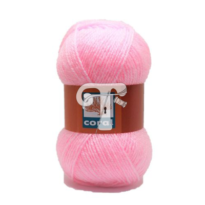 Novelo de lã rosa clara com etiqueta castanha e texto 'CORAL'