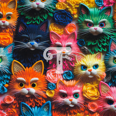 Padrão colorido de gatos estilizados e flores vibrantes