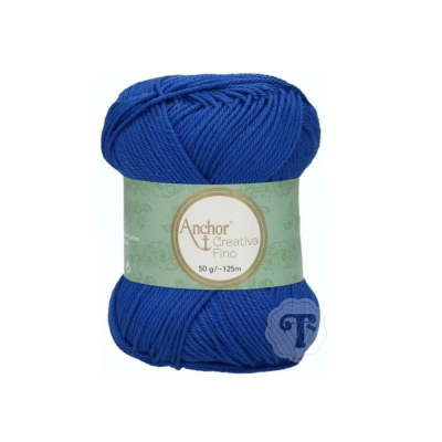 Novelo de lã azul com etiqueta verde clara com texto Anchor Creativa Fino