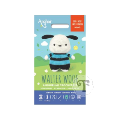 Kit de croché amigurumi Walter Wool da Anchor com boneco cão riscas pretas e azuis