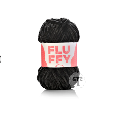 Novelo de fio preto plush com etiqueta FLUFFY cor de rosa e branco