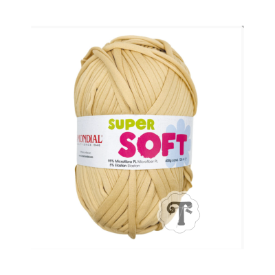 Skein of beige yarn with MONDIAL SUPER SOFT label on a white background