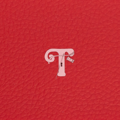 Letra T branca estilizada com alfinete e carretel sobre fundo vermelho em textura de pele