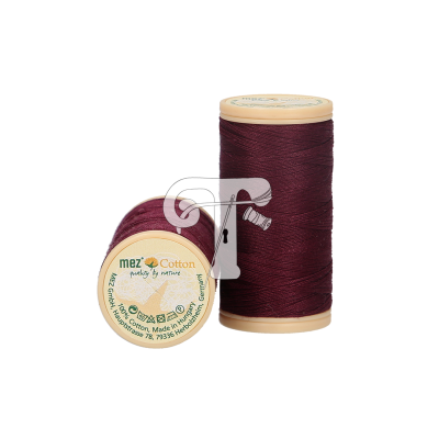 Dois carretéis de linha de costura mez Cotton em vinho com etiquetas amarelas