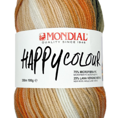 Novelo de lã multicolorida bege, branco, laranja e castanho com etiqueta MONDIAL HAPPY COLOUR.