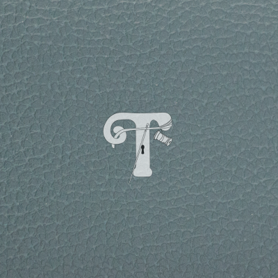 Capa azul granulada com letra T decorada com carretel e agulha