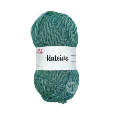 Novelo de fio azul esverdeado com etiqueta branca com texto Kaleido