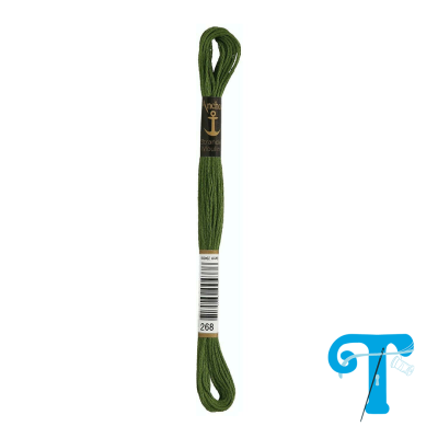 Skein de linha de bordado verde escuro com etiqueta preta e branca