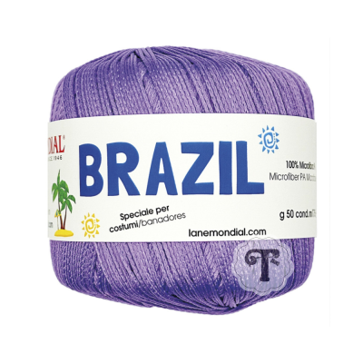 Novelo de fio lilás brilhante com rótulo branco BRAZIL da Lanemondial
