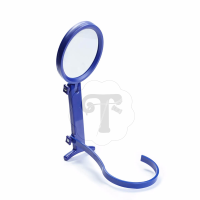 Suporte azul de metal com espelho redondo e anel circular