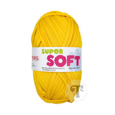 Novelo de fio amarelo com etiqueta SUPER SOFT