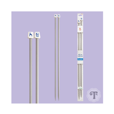 Agulhas de tricô metálicas prateadas com etiqueta e embalagem