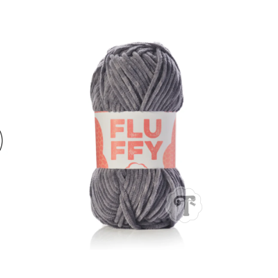 Novelo de lã cinzenta com etiqueta FLUFFY em fundo branco