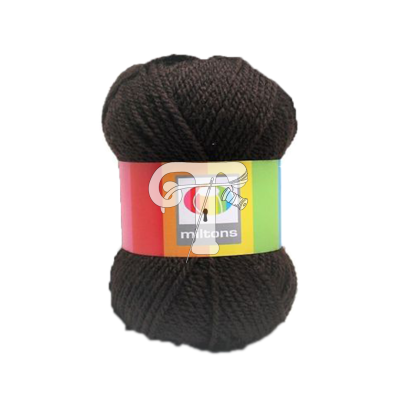 Novelo de lã castanho escuro com etiqueta colorida 'miltons'