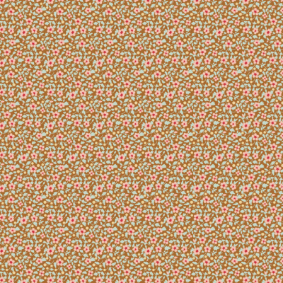 tecido com padrão floral pequeno em castanho claro, flores cor-de-rosa e folhas verdes