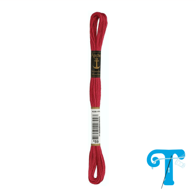 Skein de fio para bordar vermelho com etiqueta Anchor e código de barras