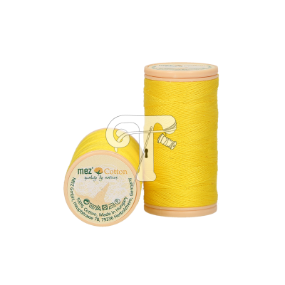 Dois carretéis de fio amarelo de algodão com rótulo mez Cotton