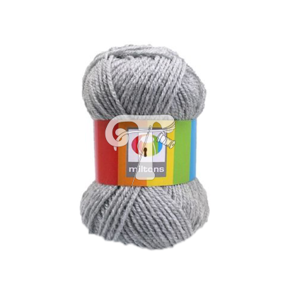 Novelo de lã cinzenta com etiqueta colorida da marca mitltons