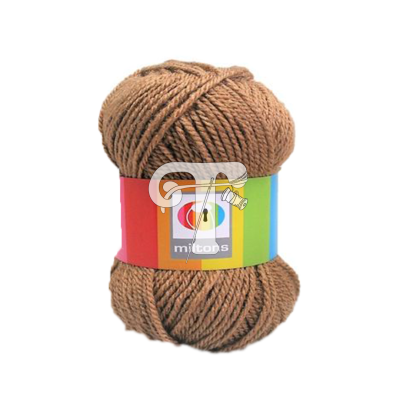 Novelo de lã castanha com etiqueta colorida e texto mitrons