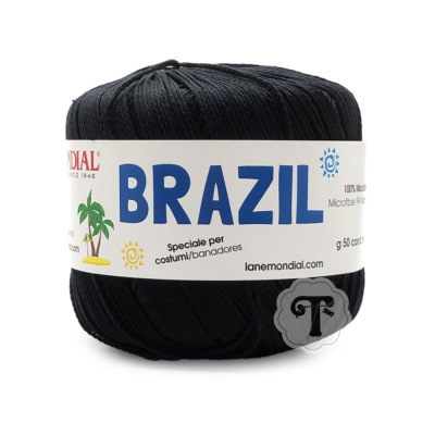 Novelo de fio preto com rótulo branco da Lanemondial com texto BRAZIL