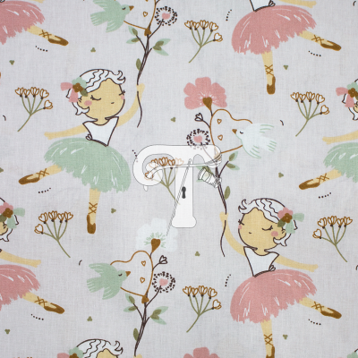 Tecido branco com padrão de bailarinas e flores coloridas