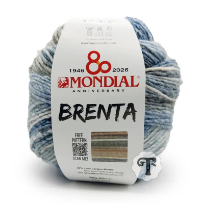 Novelo de lã BRENTA da Mondial azul, cinza e branco com etiqueta branca e código QR
