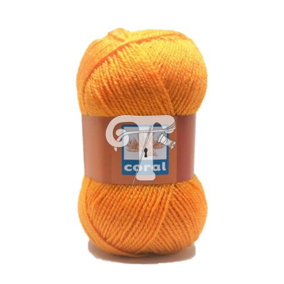 Novelo de lã alaranjado com etiqueta castanha 'coral'