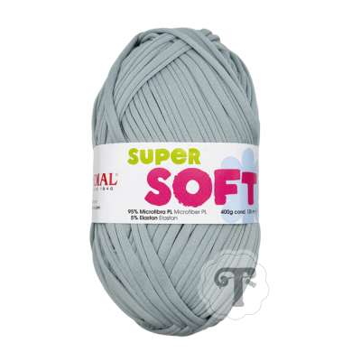 Novelo de fio cinzento claro com etiqueta branca SUPER SOFT