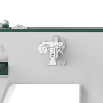 Detalhe de máquina de costura cinza e verde com botão e alavanca