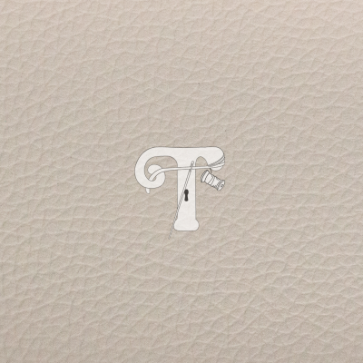 Couro bege com logótipo branco T com agulha e carretel