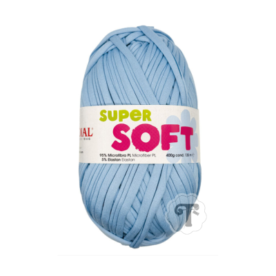 Novelo de fio azul claro com etiqueta SUPER SOFT