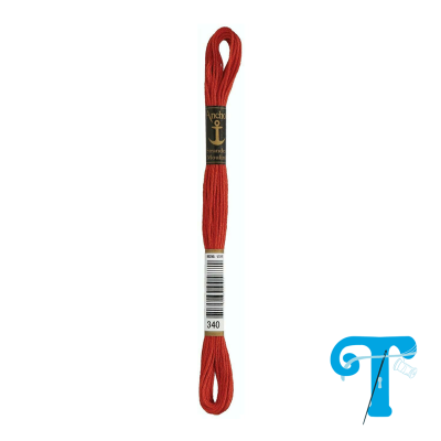 Ovillo de linha de bordado vermelho com etiquetas e código de barras