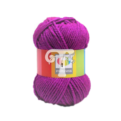 Novelo de lã roxo com etiqueta colorida e texto miltons
