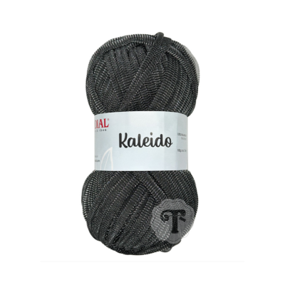 Novelo de fio preto na embalagem branca com texto Kaleido