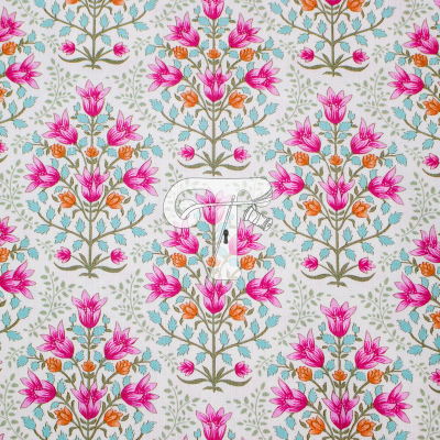 Padrão floral colorido em tecido branco