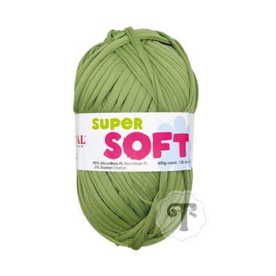 Skein of green yarn with label SUPER SOFT showing material and weight details.