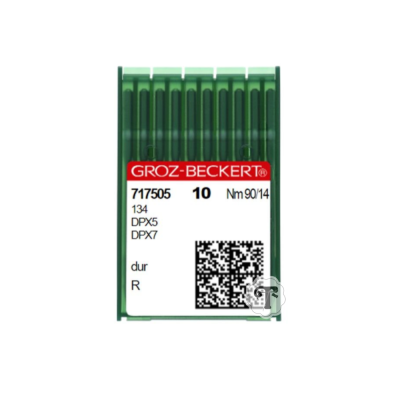 Estojo verde com 10 agulhas de máquina de costura com etiqueta branca e vermelha.