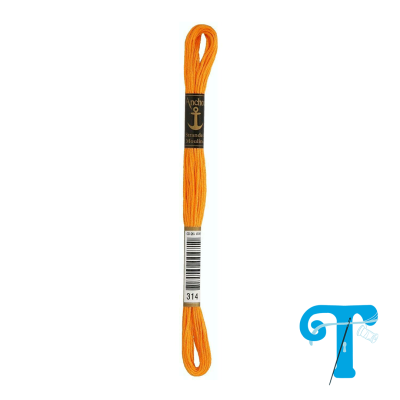 Linha de bordar laranja com etiqueta preta e dourada, código 314