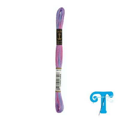 Fio de bordar multicolor em tons lilás, roxo e rosa enrolado com etiquetas