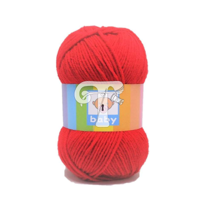 Novelo de lã vermelho com rótulo colorido 'baby'