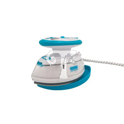 Ferro de engomar portátil branco com detalhes azuis em fundo branco