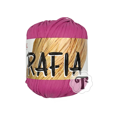 Rolo de ráfia rosa com etiqueta branca e texto 