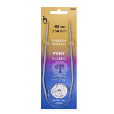 Agulhas circulares de tricô em embalagem colorida com texto