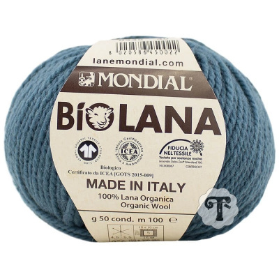 Novelo de lã orgânica azul com etiqueta da MONDIAL BIO LANA