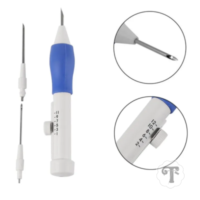 Instrumento cirúrgico branco e azul com regulação numérica e duas pontas metálicas