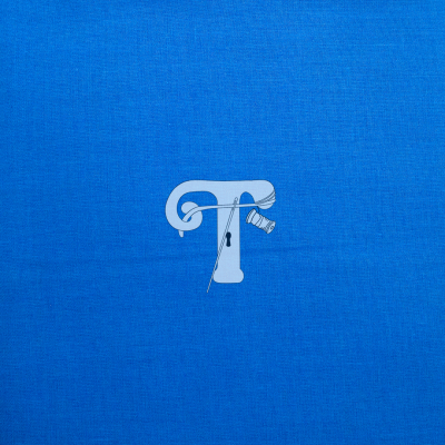 Logotipo com letra T, agulha, linha e carretel sobre tecido azul