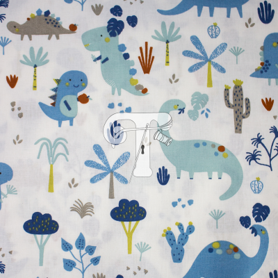 Tecido branco com padrão colorido de dinossauros e plantas